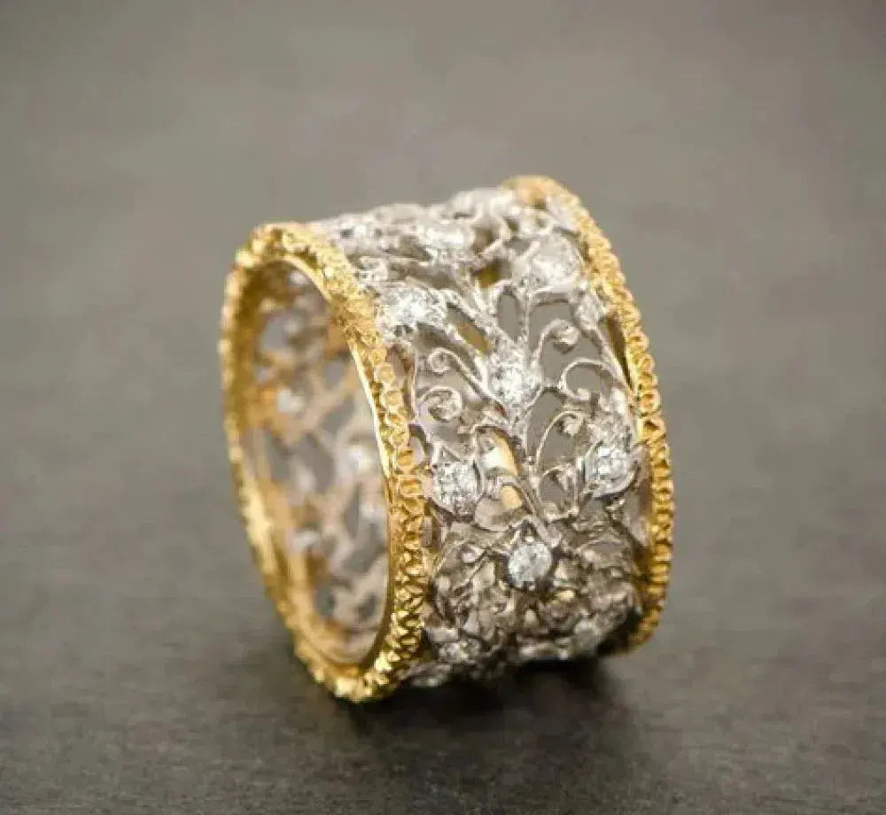 Vintage pierścień z cyrkoniami i bluszczem