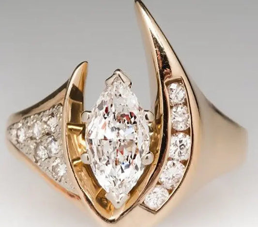 Wintage nieregularny pierścień z cyrkoniami w złocie i srebrze