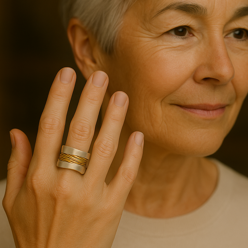 Srebrny pierścień z złotymi nitkami