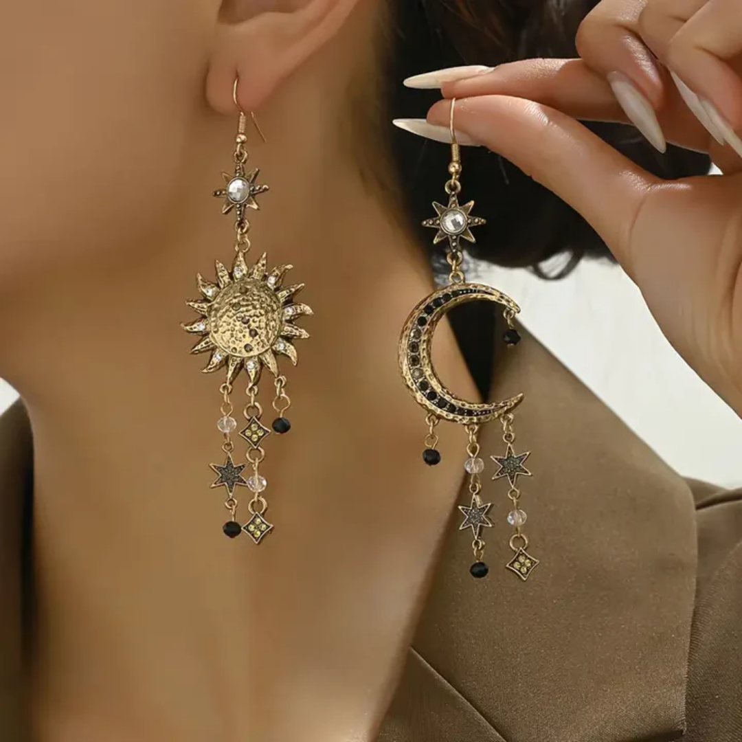 Vintage'owe wiszące kolczyki ze Słońcem i Księżycem